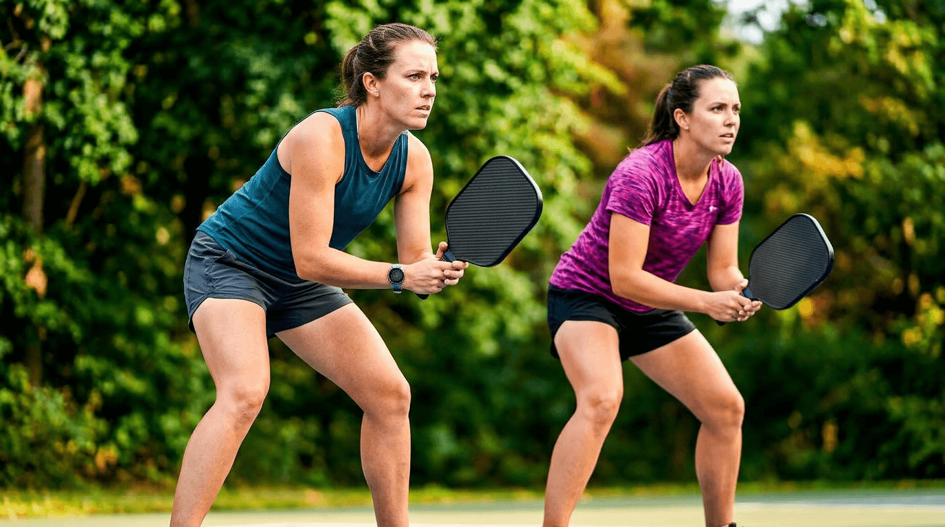 Two 3.5 pickleball players in focused ready position during a close competitive match at the 3.5 level