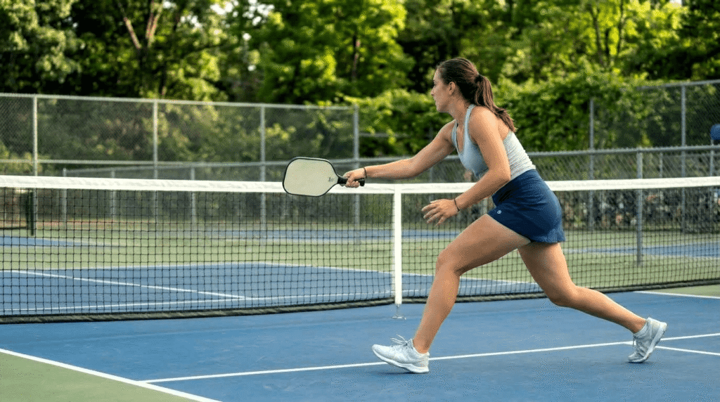 Female pickleball player in aggressive forward swing stance on an outdoor court showing attack creation at the kitchen line
