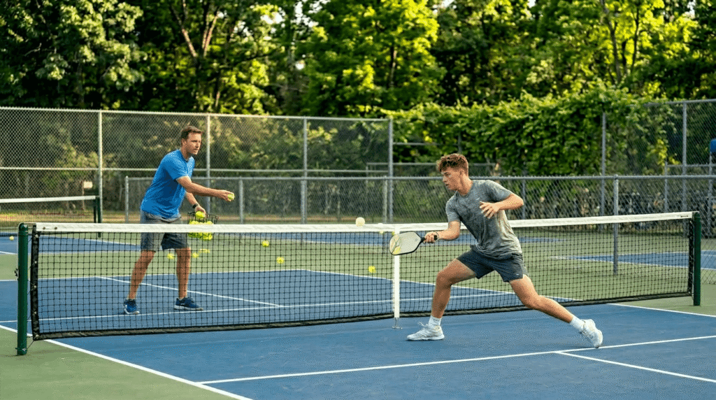 Two male 4.0 pickleball players in a practice drill on an outdoor court one feeding from the baseline and one driving from the transition zone