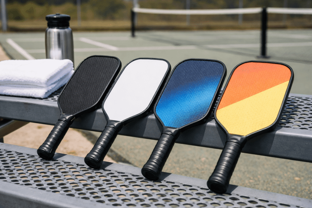 Four different pickleball paddles lined up on a bench at an outdoor facility ready for testing