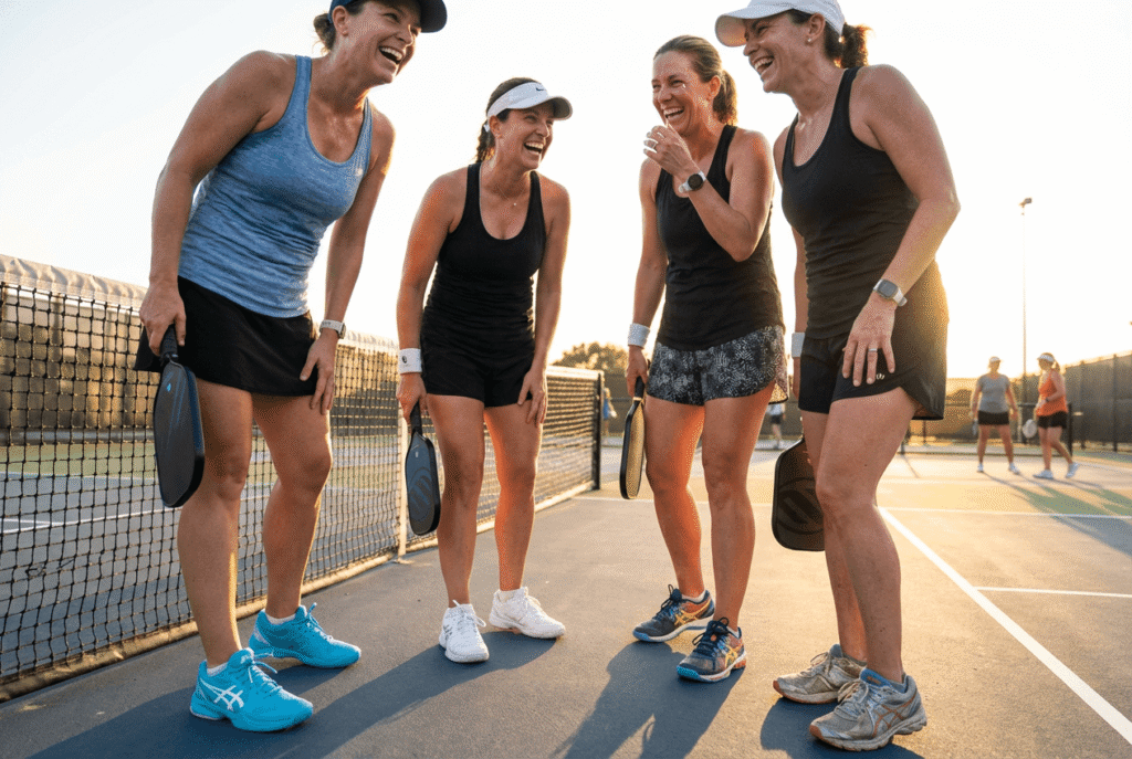 Four women laughing together after a doubles pickleball match on an outdoor court with court shoes visible