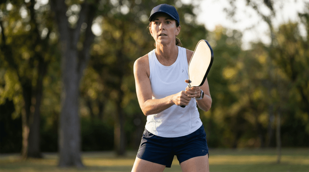 Female pickleball player in focused ready position practicing court awareness and anticipation drills