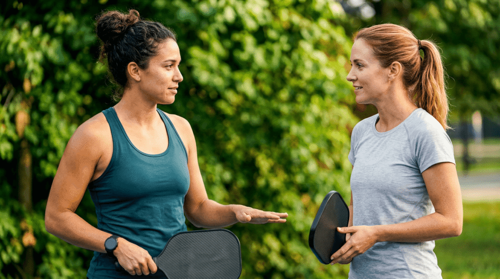 Two 3.5 female pickleball doubles partners communicating calmly between points during a close match