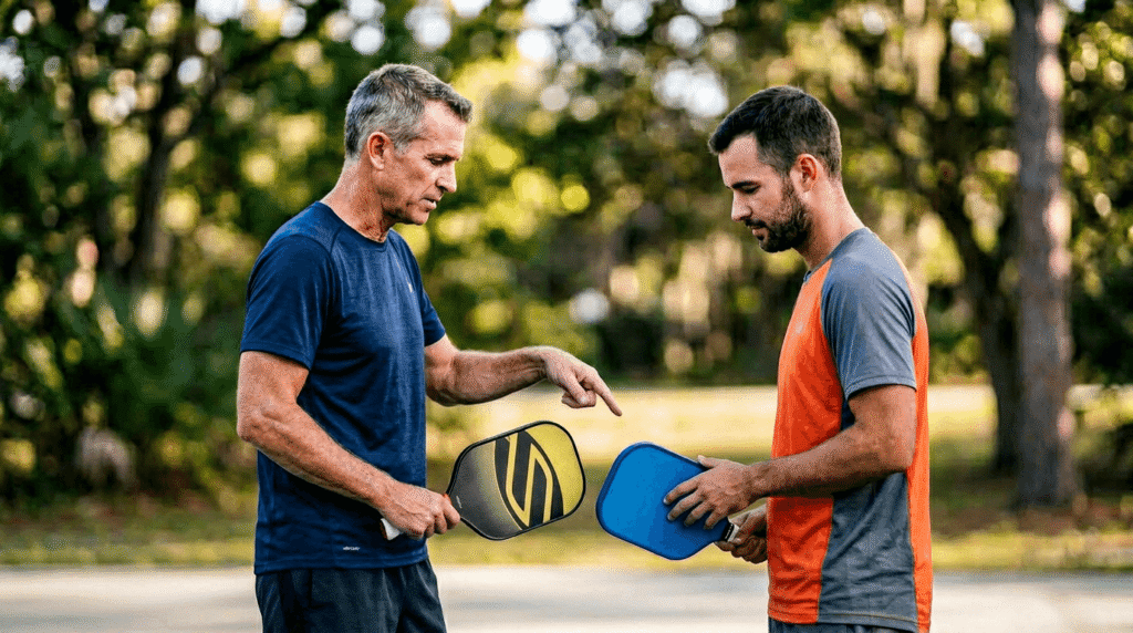 Two male pickleball players communicating a simple tactical plan between points during a doubles match.