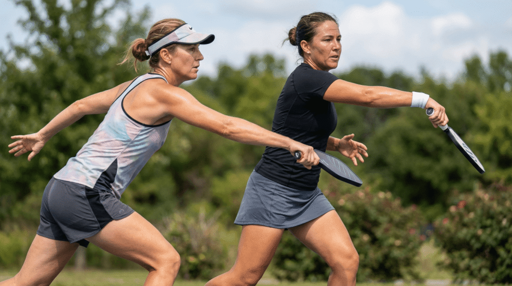Two pickleball doubles partners automatically adjusting court position during a rally showing natural court awareness