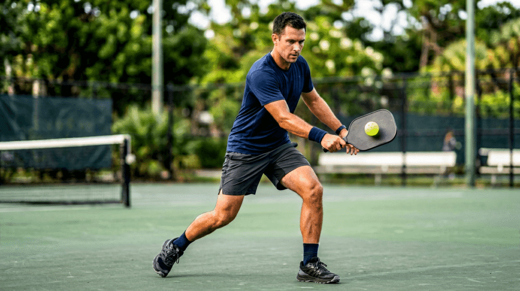 Male pickleball player practicing alone in deliberate focused drill session without a partner showing commitment to skill improvement