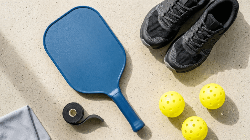 Pickleball paddle court shoes overgrip tape and balls arranged in flat lay showing the gear that actually matters for recreational players