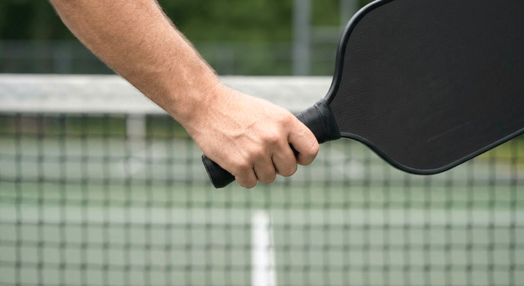 Close up of a relaxed loose grip on a pickleball paddle handle at the kitchen line showing the low tension required for faster hand speed