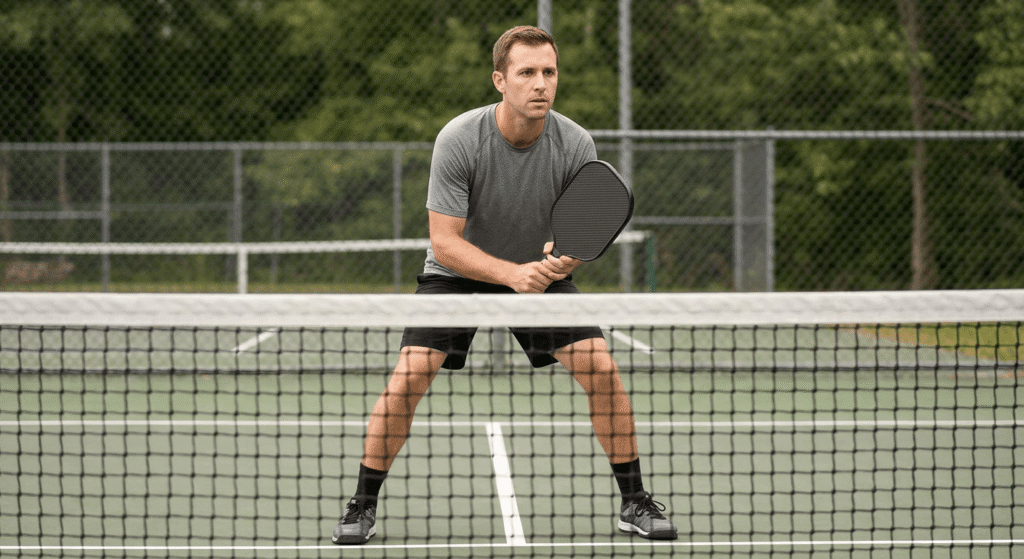 Male pickleball player at the kitchen line in optimal paddle ready position centered at chest height showing correct hand speed preparation
