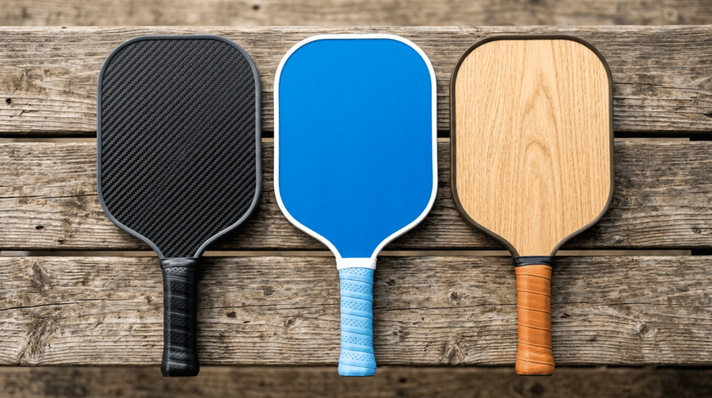 Three different pickleball paddles side by side showing variety of face materials and grip styles available to recreational players