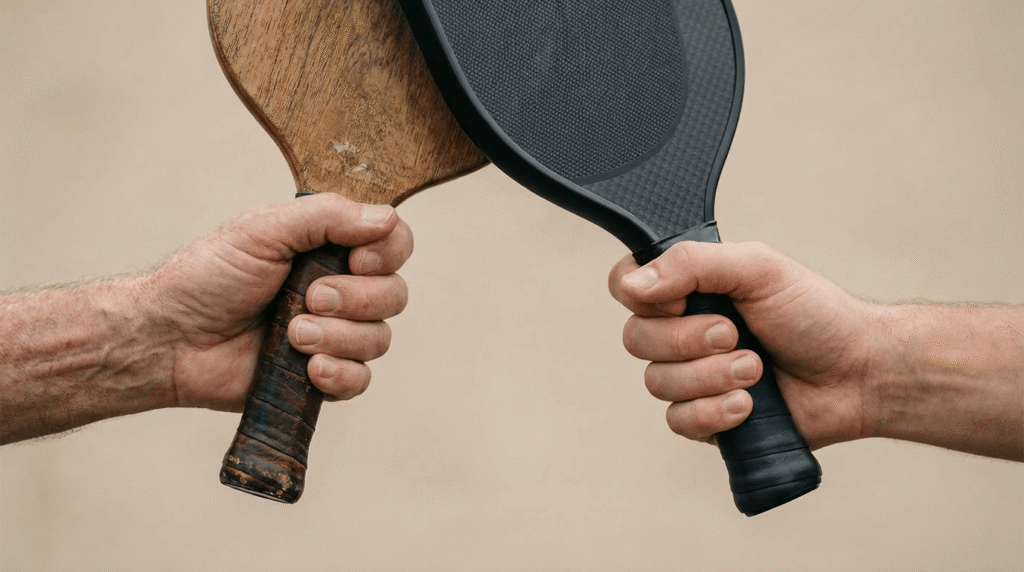 Old basic pickleball paddle next to a modern carbon fiber power paddle showing how equipment technology has evolved