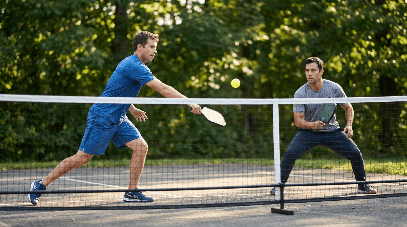 Two male pickleball players in a power exchange mid-rally showing the evolution toward a more aggressive driving game