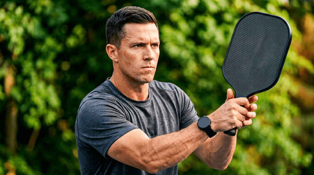 Male 3.5 pickleball player with paddle raised in a tense position suggesting an impulsive shot choice under close game pressure