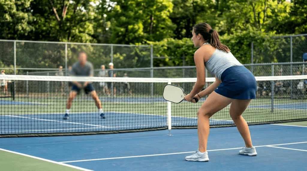 Female 4.0 pickleball player in a low patient dink position at the kitchen line on an outdoor court showing the soft game foundation