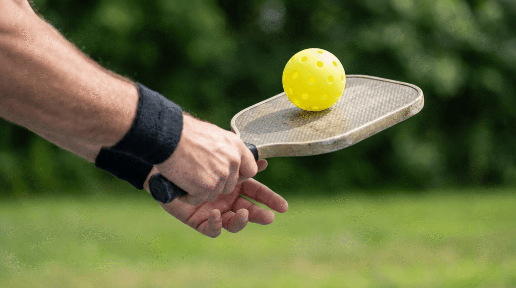 Relaxed hand holding pickleball paddle with ball balanced on face showing soft touch and control for the dink game