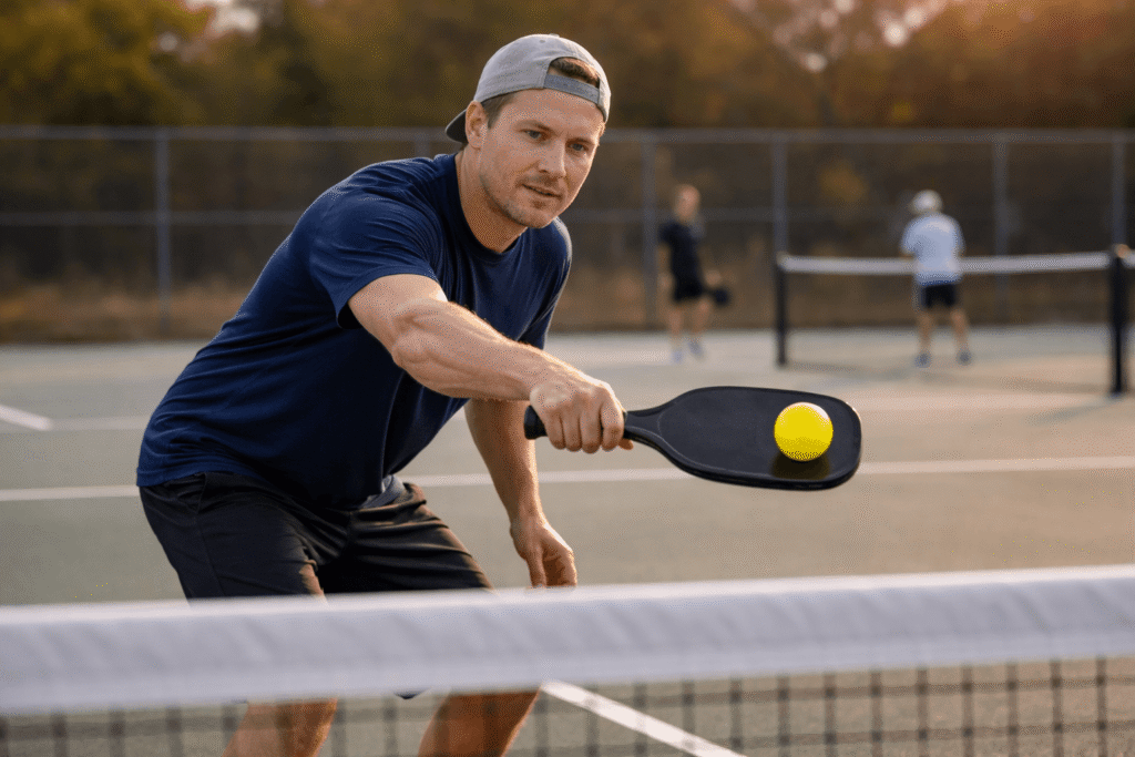 Recreational pickleball player hitting a dink at the kitchen line during outdoor play