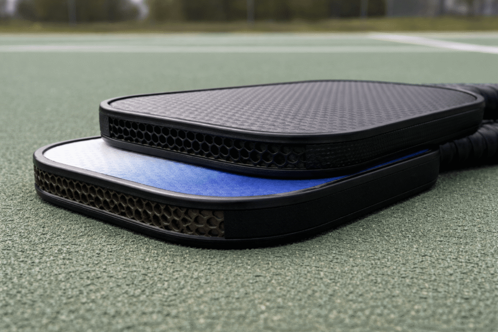 Side profile close-up of two pickleball paddles on a court surface showing the visible thickness difference between a 16mm and 14mm core