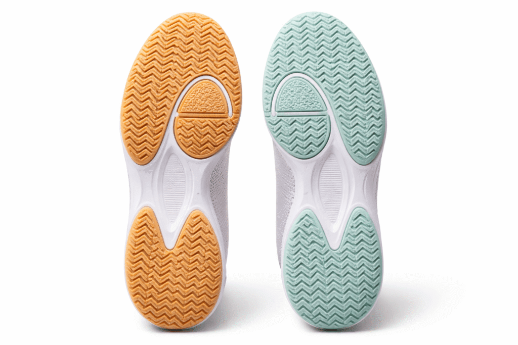 Two women's pickleball shoes placed sole-to-sole showing the difference between indoor gum rubber and outdoor hard rubber outsoles