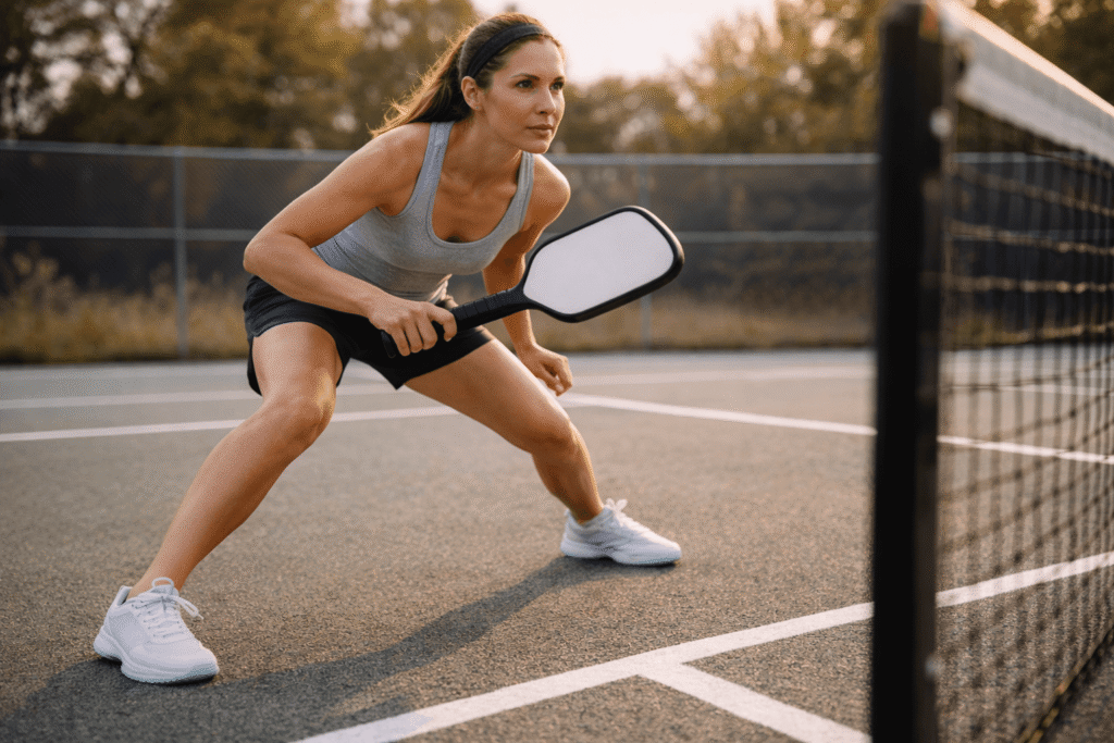 Woman in lateral shuffle position at the pickleball kitchen line with court shoes gripping the surface showing best pickleball shoes for women