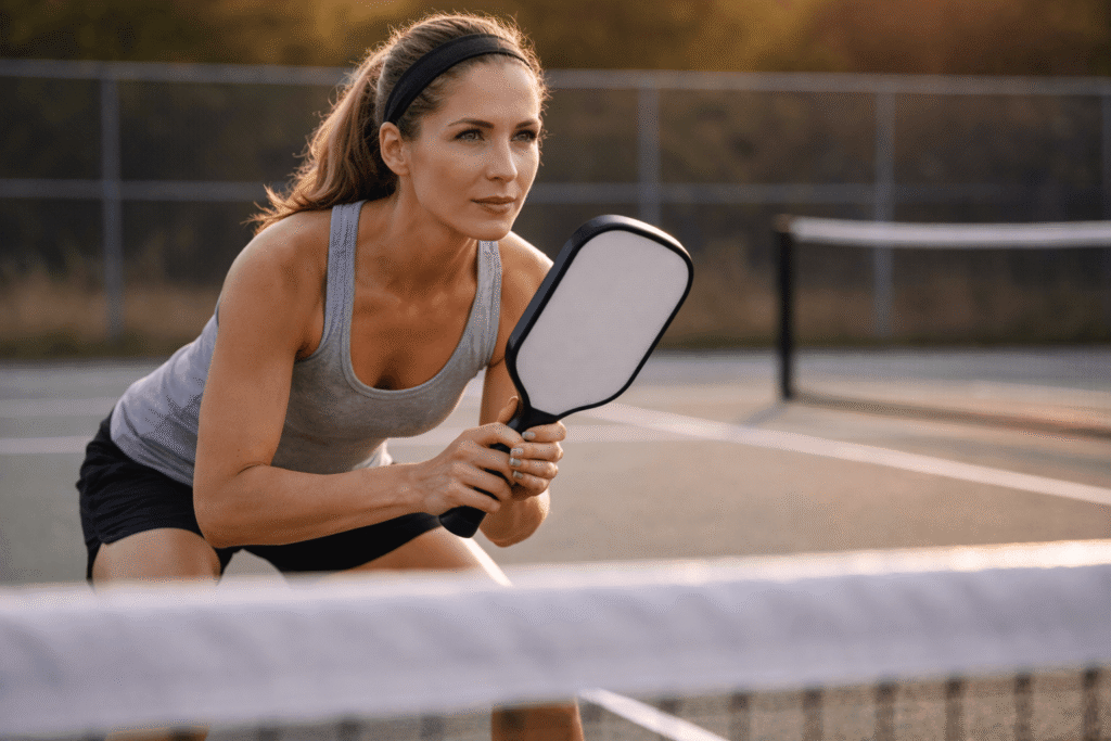 Competitive pickleball player in ready position at the kitchen line during an intense point