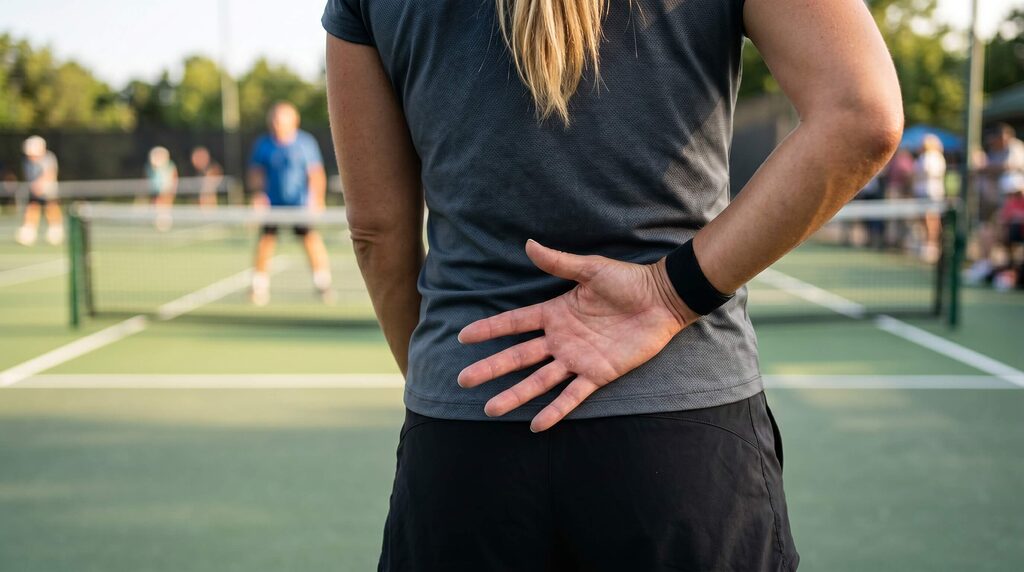 Pickleball player showing an open palm hand signal behind their back to their partner before a serve to start pickleball stacking