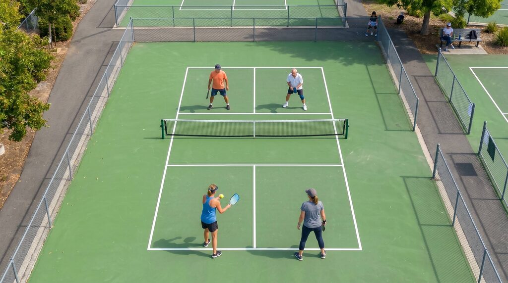 Side-by-side court diagram showing standard doubles positioning versus stacking formation with players on the same side